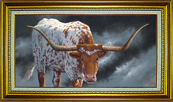 AIN'T SAYIN' CHEESE FOR NOBODY, a Texas longhorn poses reluctantly in this canvas by C. J. Latta