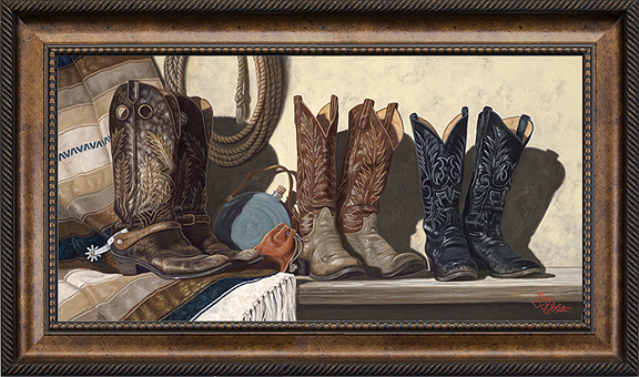 SLIPPERS FOR A WORKING MAN, a still life with cowboy boots by C. J. Latta